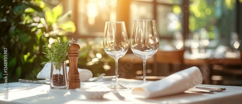 Obraz na płótnie Elegant table setting with wine glasses and pepper mill in sunlit restaurant w salonie