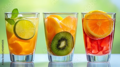 Three Colorful Glasses Filled with Fresh and Juicy Beverages: A Vibrant Refreshing Trio photo