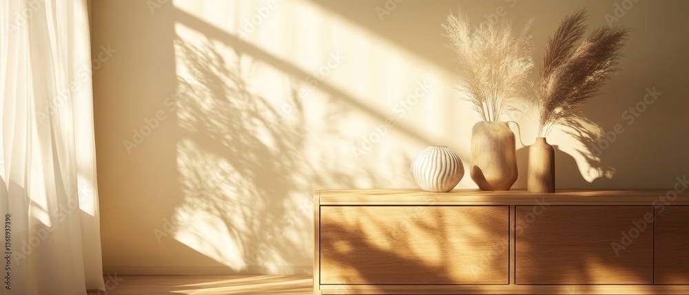 Elegant minimalist interior with wooden sideboard and decorative vases in sunlight