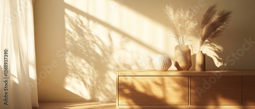 Obraz na płótnie Elegant minimalist interior with wooden sideboard and decorative vases in sunlight w salonie