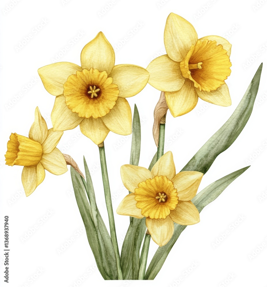 Fototapeta premium Watercolor daffodil flowers in bloom, full spring yellow blossoms with leaves on white background 