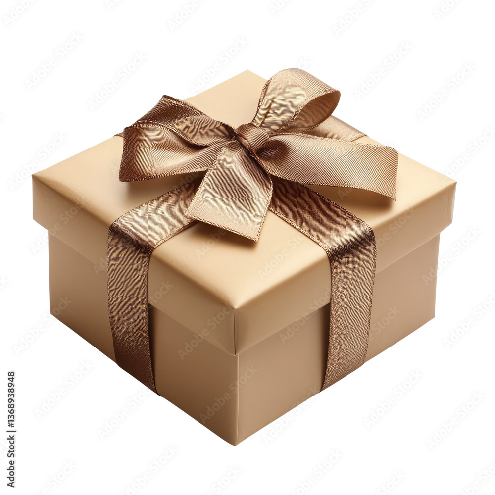 Obraz premium A luxurious gold gift box elegantly tied with a rich brown satin ribbon, promising a special surprise and joyful anticipation.