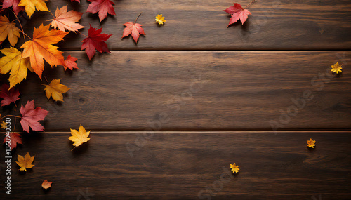 Autumn leaves scatter on a rustic wooden surface, presenting a beautiful fall background in a natural setting. capturing the pure beauty of autumn and nature.