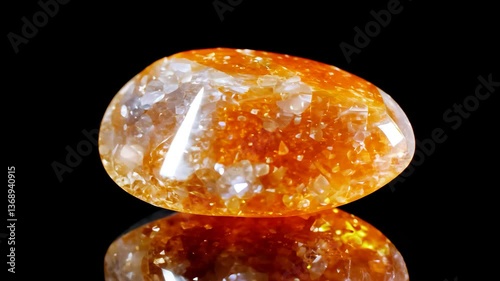 A polished amber sunstone gemstone with a vibrant orange hue, showcasing its translucent quality and natural inclusions. The stone is placed on a reflective surface against a black background.