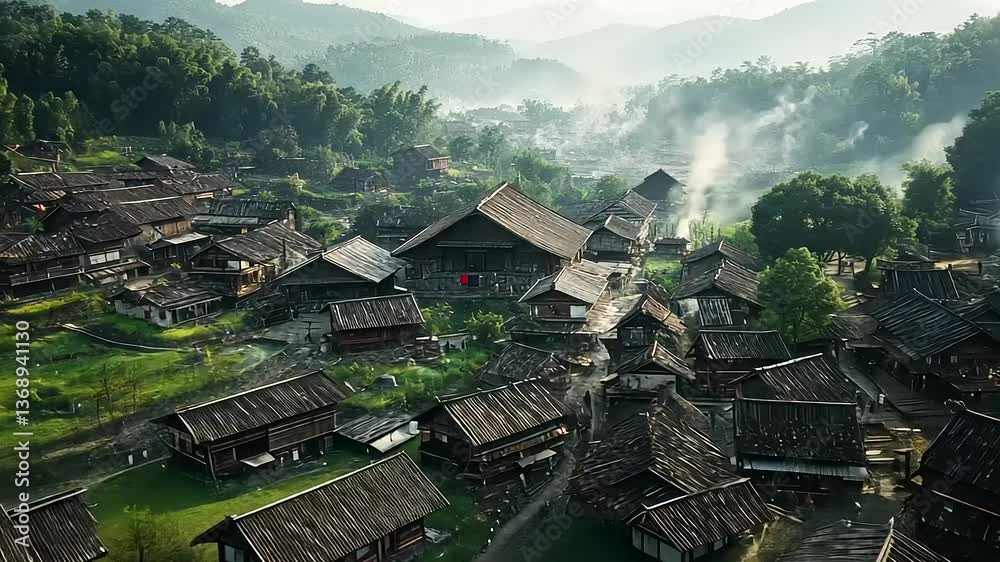 Aerial View of a Tranquil Mountain Village in China Aerial View of a Tranquil Mountain Village in China