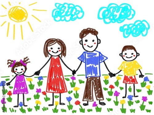 Like children drawing family mother father son daughter illustration drawn with pencils mummy daddy sister brother 