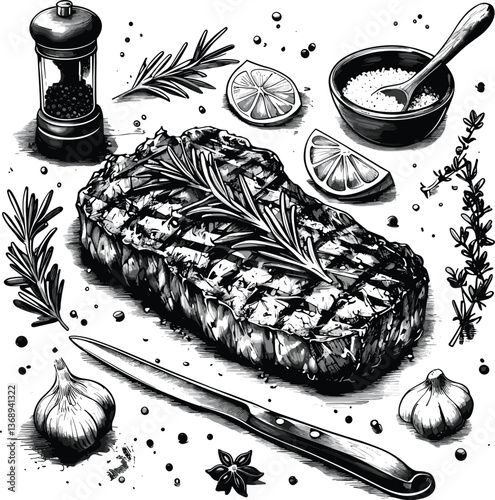 grilled steak, accompanied by garlic cloves, herbs, and peppercorns, showcasing rustic culinary elements sketch engraving generative ai vector illustration.