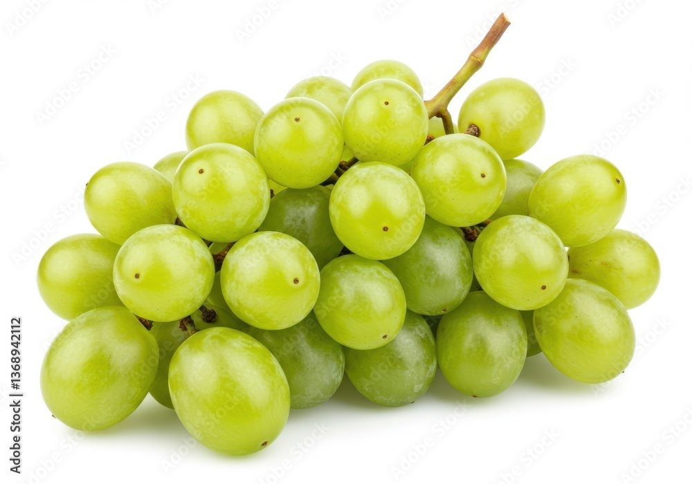 A close up shot of a bunch of green grapes against a white background in a studio setting view A close up shot of a bunch of green grapes against a white background in a studio setting view