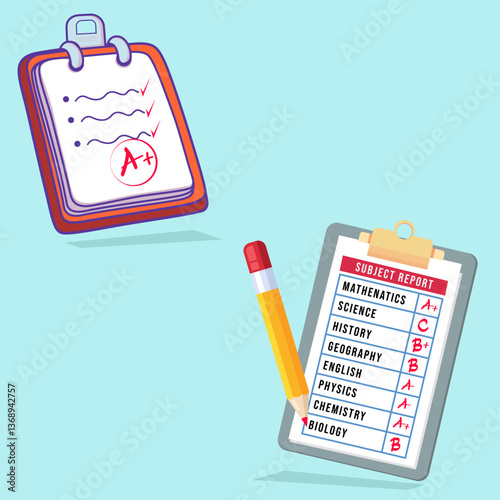 Vector educativo con boletín de calificaciones y lista de tareas.