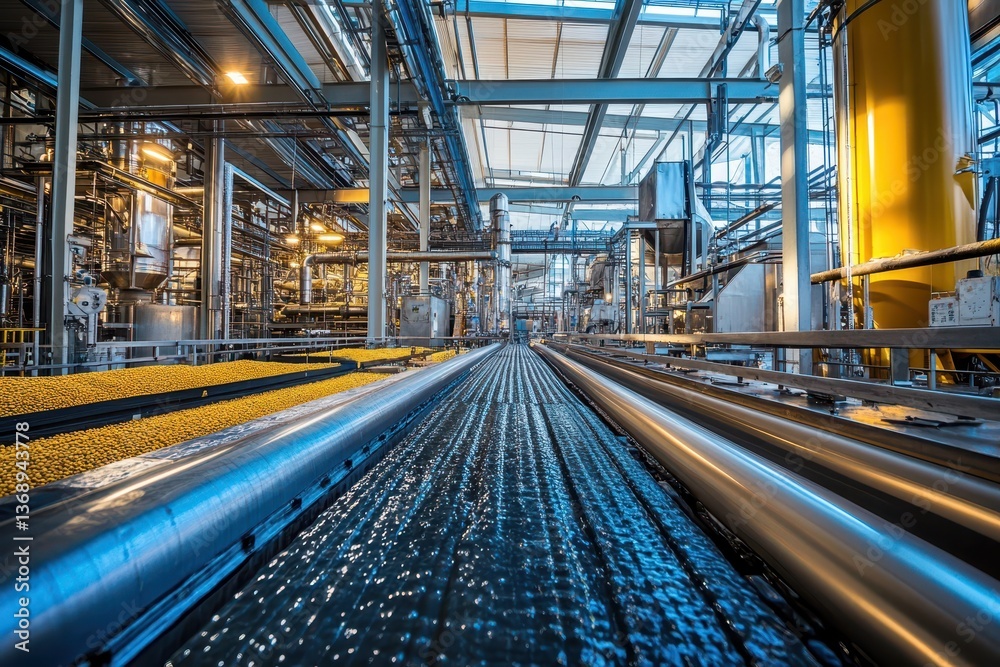 Inside a factory, shiny metal machinery processes materials on moving belts. Showcasing automated manufacturing or engineering technology and innovation. Inside a factory, shiny metal machinery processes materials on moving belts. Showcasing automated manufacturing or engineering technology and innovation.