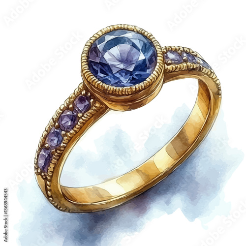 A watercolor vector of an elegant gold and sapphire ring, isolated on a white background. elegant gold and sapphire ring classic beauty vector

