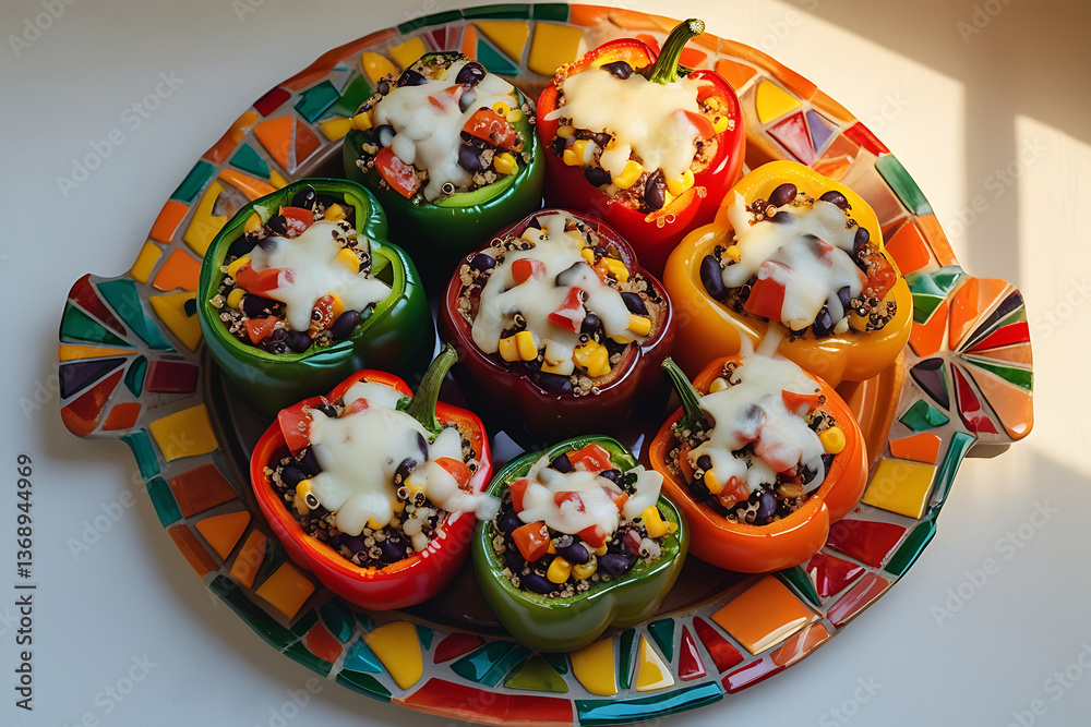 Fototapeta premium Delicious stuffed bell peppers recipe with quinoa corn and black beans on a mosaic plate