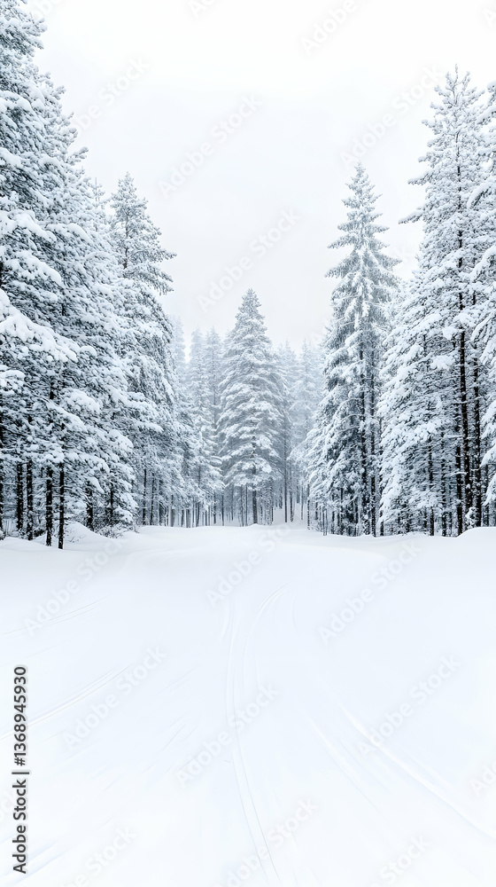 Obraz premium Snow-covered path through a serene winter forest