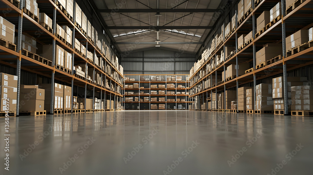 Interior Of Large Warehouse With High Shelving And Cardboard Boxes