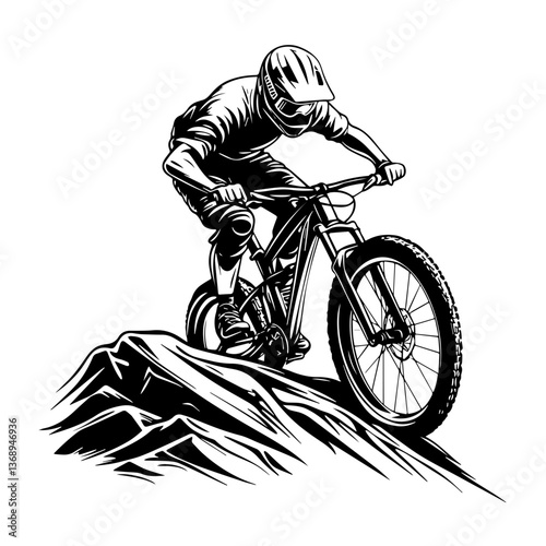 Monochrome Mountain Biker Descending a Steep Slope
