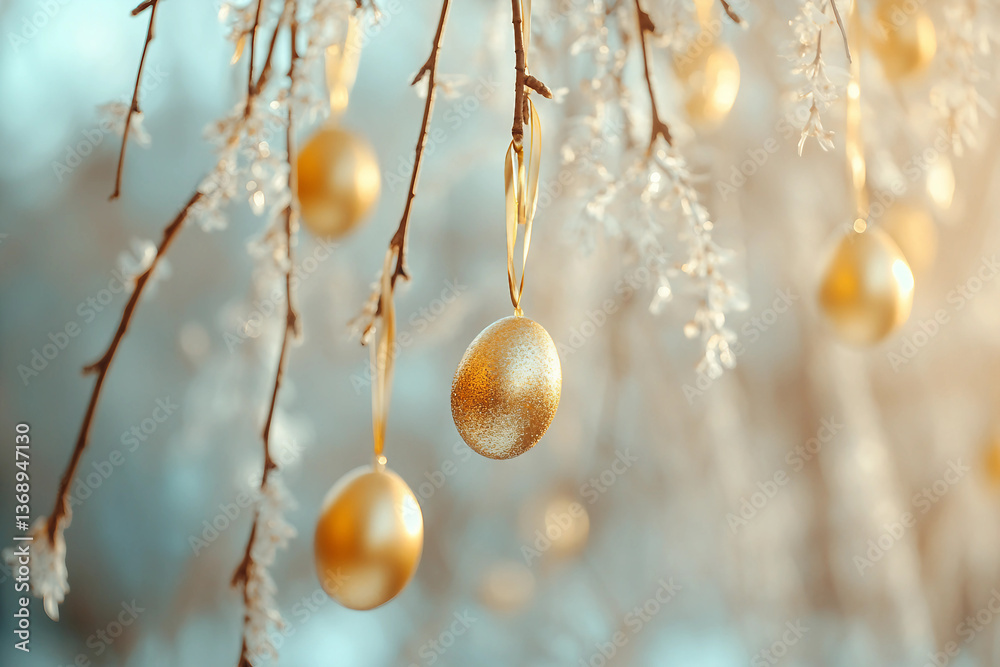 Blooming Willow Branches with Golden Easter Egg, Luxurious Festive Holiday Decoration with Soft Light, Generative AI