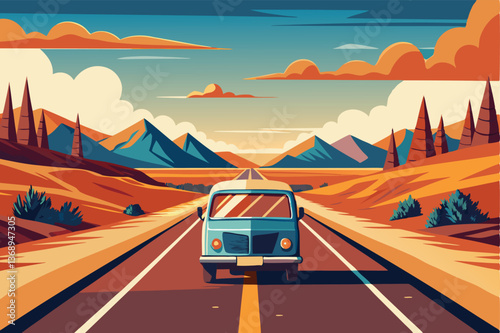 A retro-styled vector of a long open road leading toward distant mountains, with a classic van or motorcycle heading into the horizon
