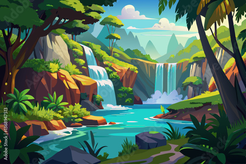 vector of Panoramic beautiful deep forest waterfall in Thailand