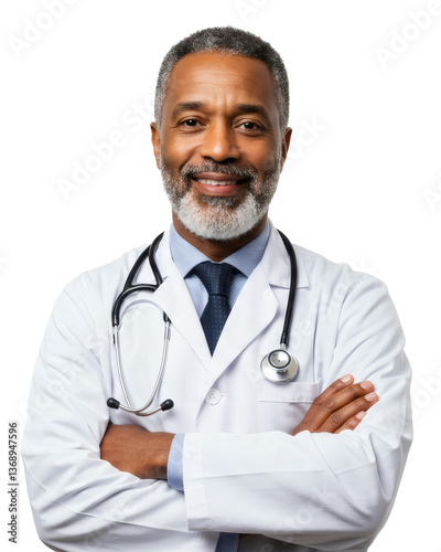 Confident Male Doctor with Stethoscope in White Lab Coat on Plain Background