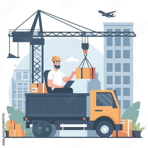 A man is sitting in a truck with a crane on top of it