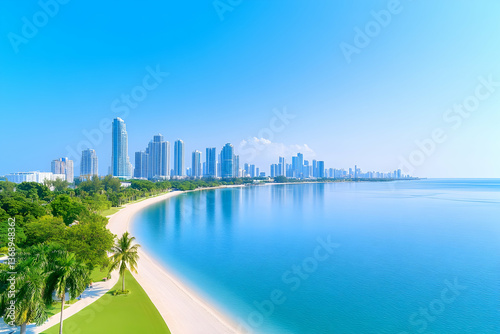 Sunny coastal city skyline with beach and palm trees