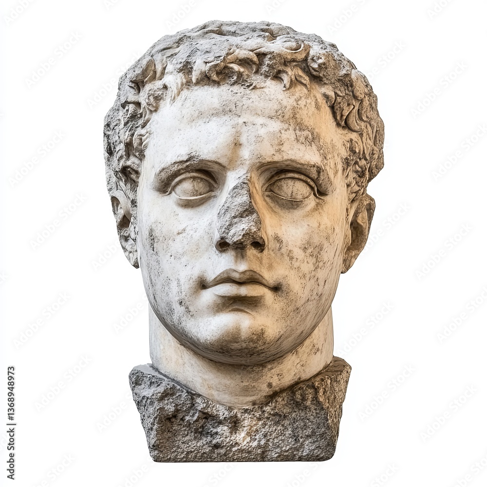 Ancient statue of an unknown Roman citizen, head sculpture isolated on a white background with clipping path Ancient statue of an unknown Roman citizen, head sculpture isolated on a white background with clipping path