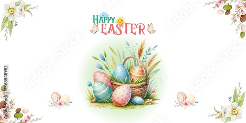 Cute Happy Easter With Eggs and Flowers on White Background Illustration Vector. Fun Floral Easter Wallpaper Banner Card. Symbol, Design, Springtime, Poster, Ideas, Elegant, Banner, Greeting Card 