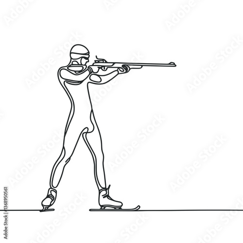 Biathlon athlete aiming with rifle in line drawing style  