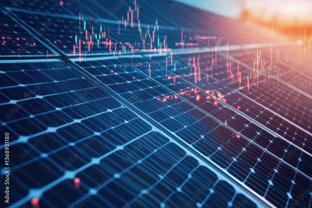 Solar panels with financial chart overlayed on top, close up view. It can represent investment in green energy and power market. Solar panels with financial chart overlayed on top, close up view. It can represent investment in green energy and power market.