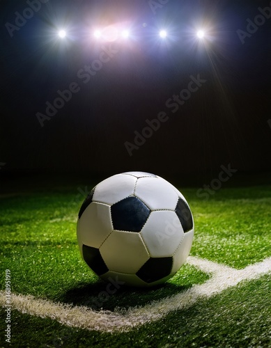 Soccer ball on field under bright stadium lights at night