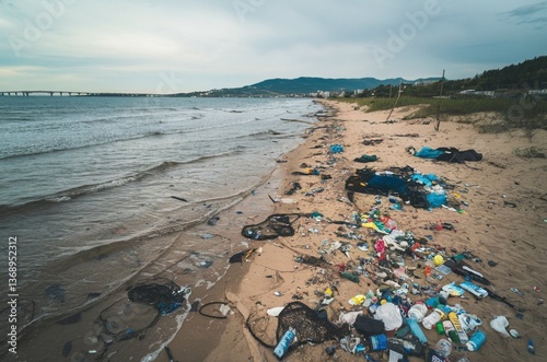 An aerial photo of a polluted beach, Trash and plastics on the beach