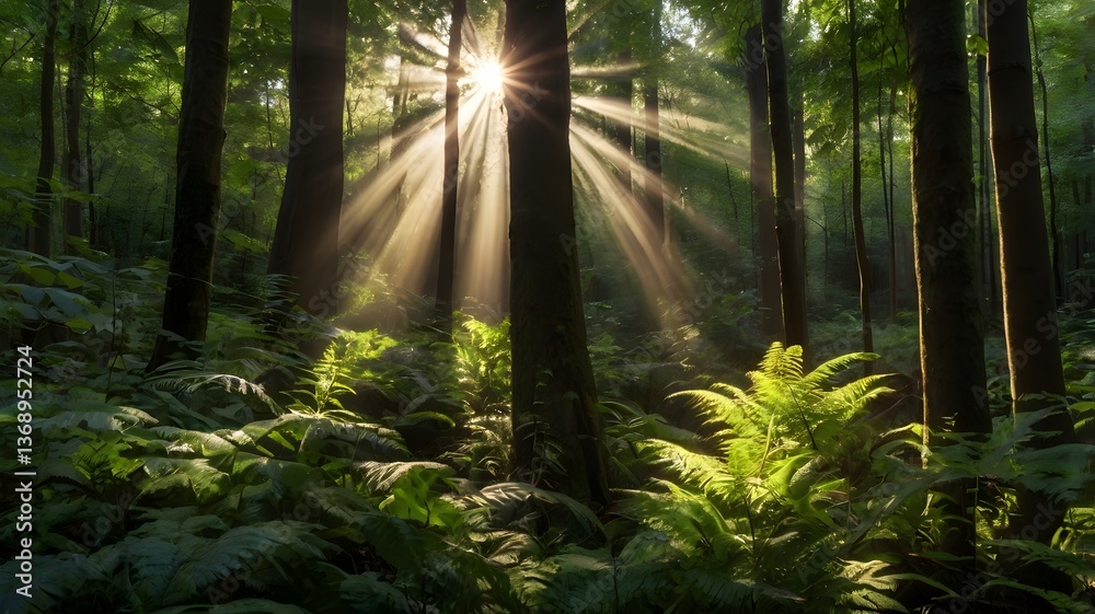Fototapeta premium lush forest with sunlight beams piercing through the trees magical