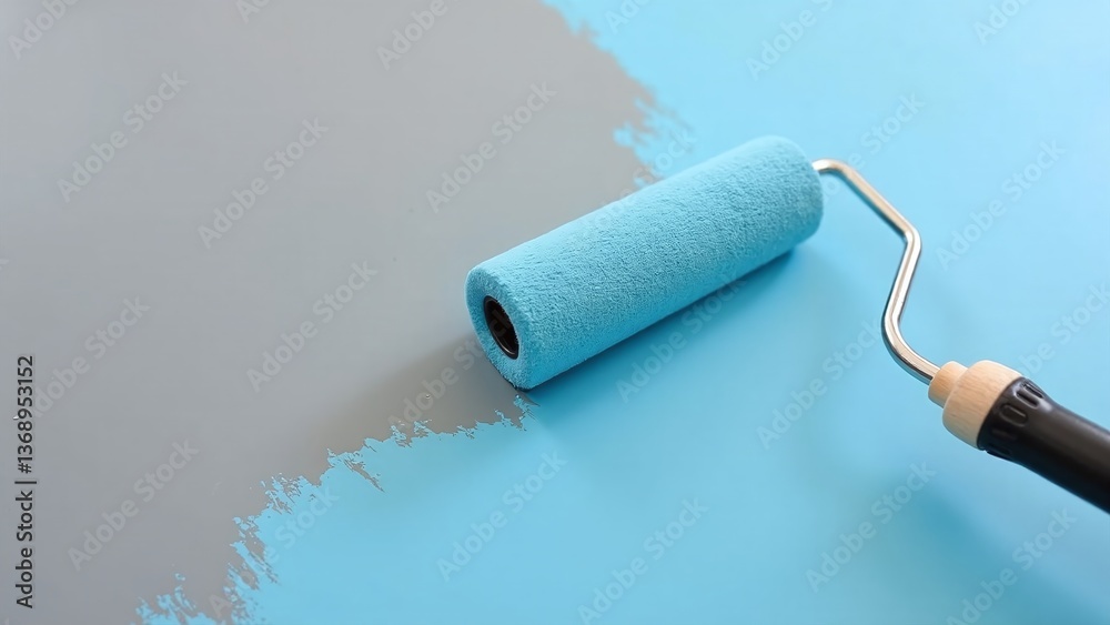 Obraz premium Close-up of paint roller applying fresh color to gray surface, showcasing home improvement and renovation process in action.