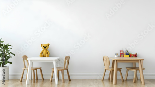 Simple Childrens Playroom With Wooden Furniture And Teddy Bear