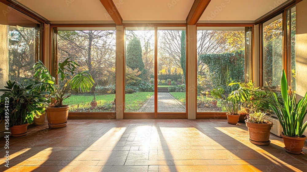 Bright sunroom with large windows views a garden. Perfect for home design or indoor plant concepts. Bright sunroom with large windows views a garden. Perfect for home design or indoor plant concepts.