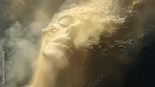 Ethereal sculpture of a serene face emerging from a rocky landscape, surrounded by swirling sand and mist