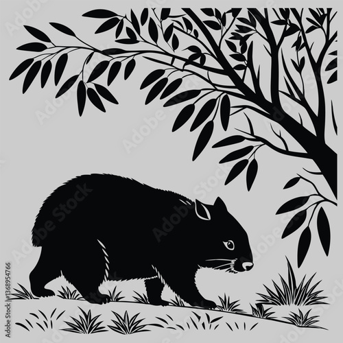 a wombat waddling through the underbrush silhouette vector design art and illustration