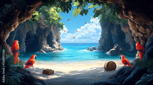 Red Parrots on a Tropical Beach Cove, Pixel Art Landscape