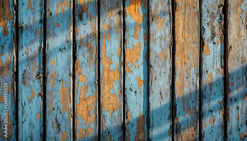 Blue and brown weathered wooden planks, showing age and texture with shadows cast upon surface.