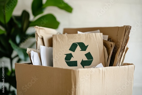Recycling box filled with cardboard and paper near a plant in a minimalistic space
