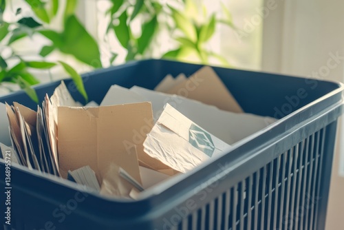 Recycling paper waste in a modern workspace with green plants in the background for an eco-friendly atmosphere