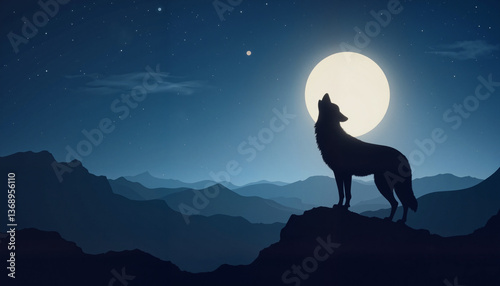 Coyote howling at full moon in desert landscape at night, Echoes of the Night