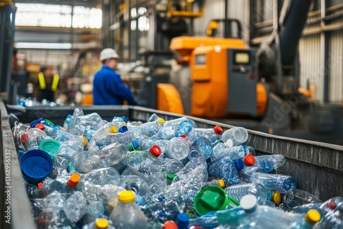 Recycling facility processes plastic bottles while workers monitor operations during daylight hours