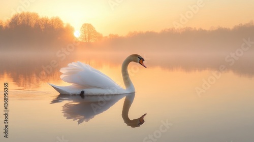 A serene image of a white swan floating peacefully on the surface of a lake