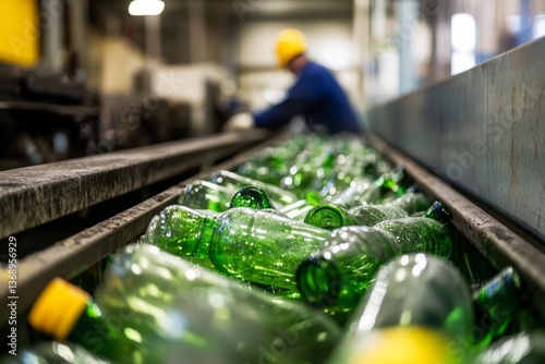 Workers process recycled green glass bottles at a recycling facility during the day
