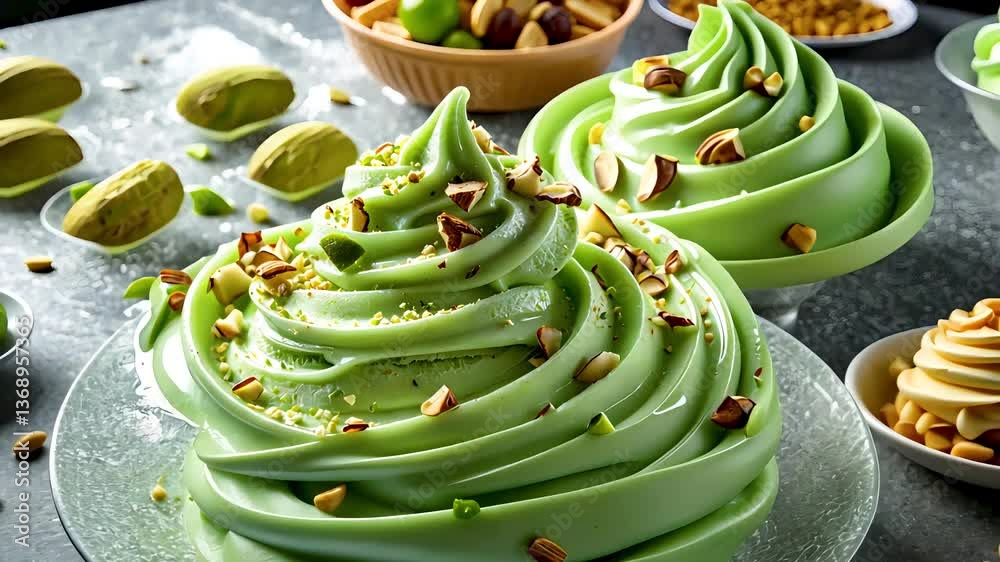 Green pistachio soft serve ice cream dessert topped with chopped nuts in bowls