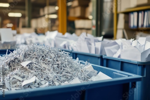 Shredded paper waste collected in blue bins at a recycling facility during the day