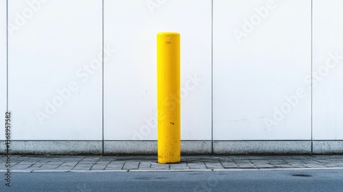Yellow bollard stands against white wall.