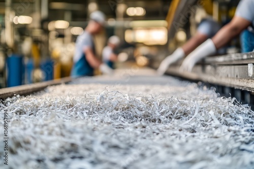 Shredded paper processing in a recycling facility during the day with workers managing the conveyor