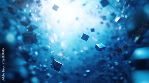 Abstract underwater scene with floating cubes creating a serene atmosphere